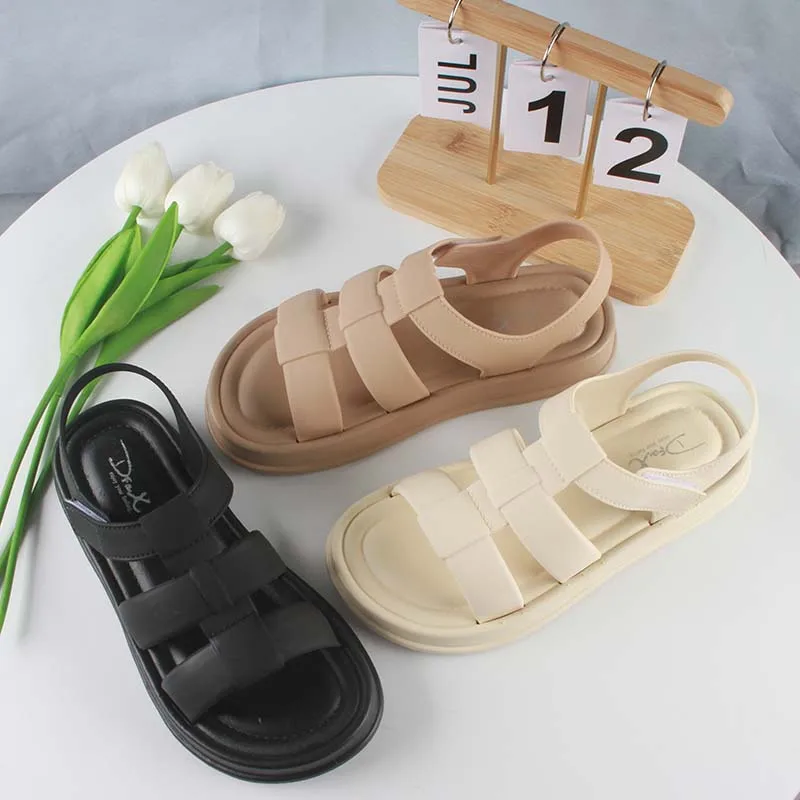 Women Fashion Summer PVC Sandals Hollowed Out Solid Color Flat Beach Shoes Casual Velcro Women's Shoes