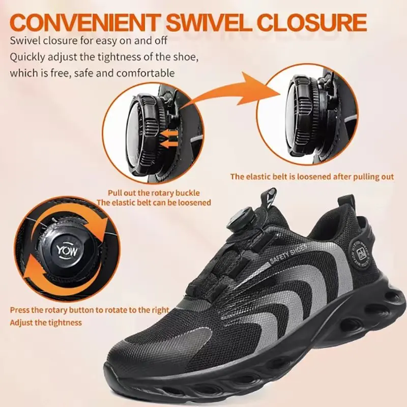 Rotary Buckle Work Sneakers Protective Shoes Lightweight Safety Shoes Puncture-Proof Anti-smash Steel Toe Shoes Work Boots Men