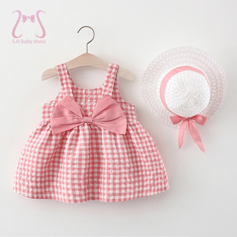 2Pcs/Set Baby Girl Plaid Sweet Bow Summer Birthday Party Dress Toddler Kids Outfits 0 To 3 Years Children Clothes Suit + Hat