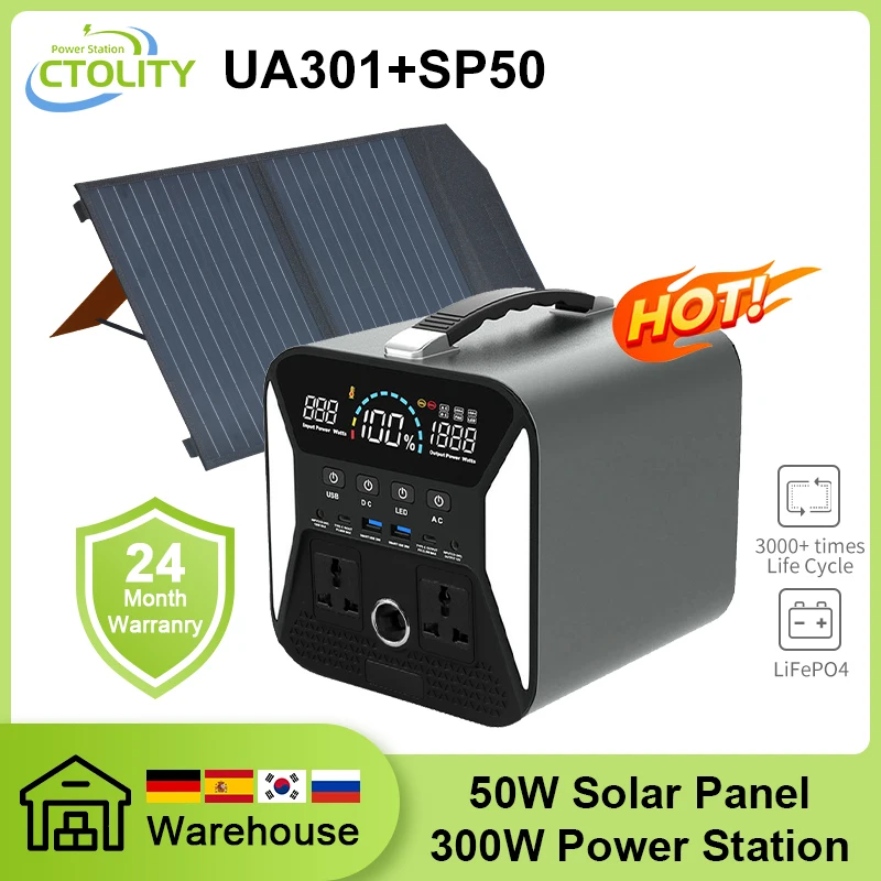 Germany Warehouse in Stock 300w Portable Power Station with 50w Solar Panel Foldable Camping Power 220V AC Outlets Fast Shipping