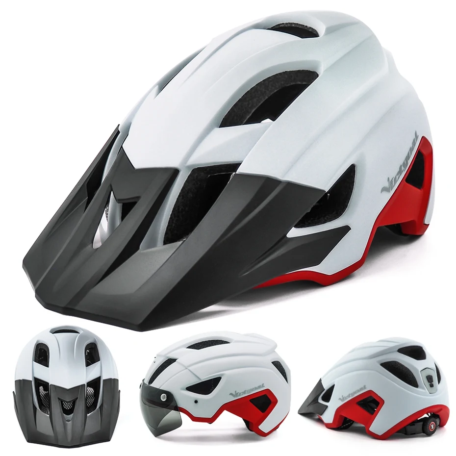 VICTGOAL LED Bike Helmet With Sun Goggle Visor Rechargeable LED Men Bicycle Helmet Sunglasses Shield Road MTB Cycling Helmets