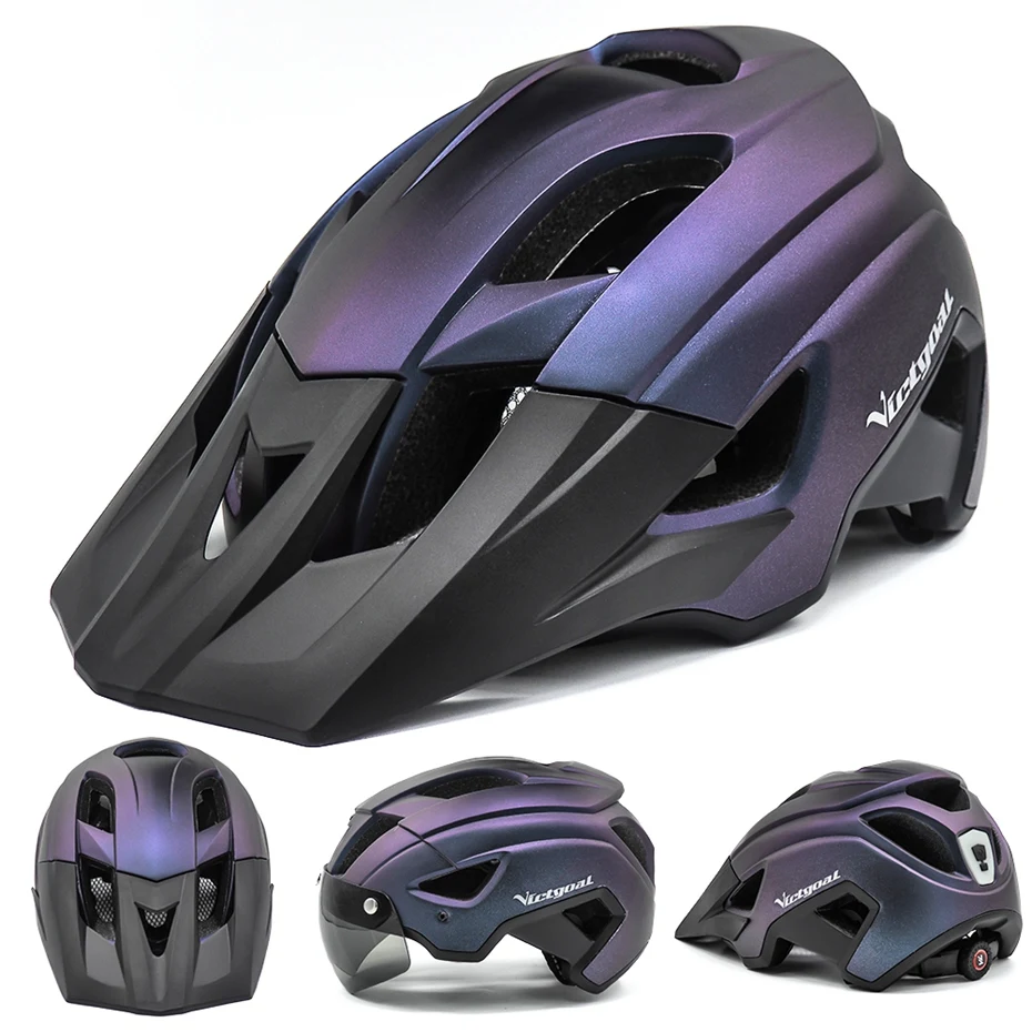 VICTGOAL LED Bike Helmet With Sun Goggle Visor Rechargeable LED Men Bicycle Helmet Sunglasses Shield Road MTB Cycling Helmets