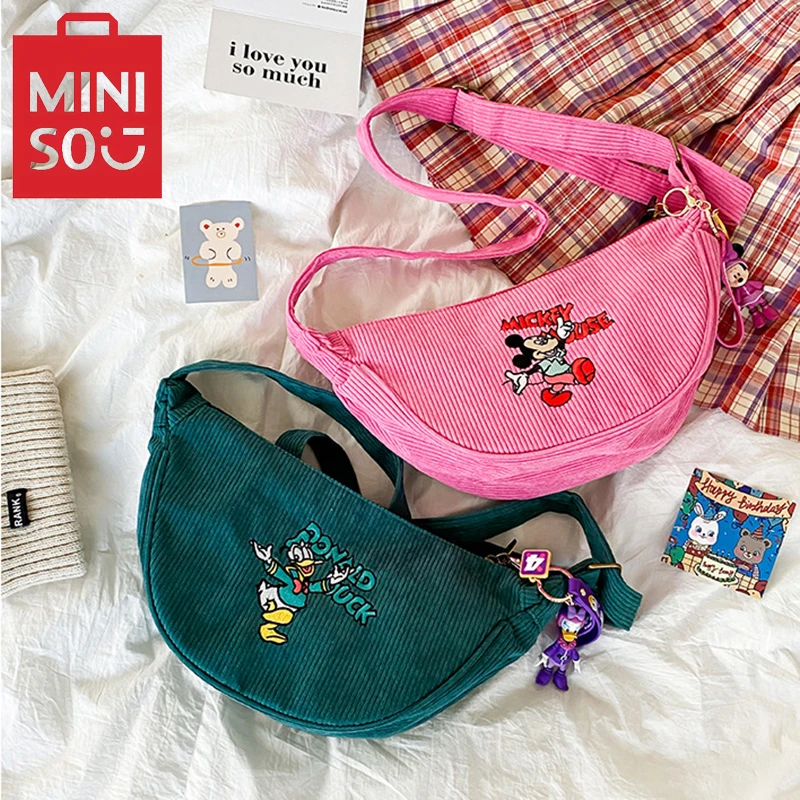 MINISO Cartoon Mickey Donald Duck Bag Retro Corduroy Crossbody Bag Single Shoulder Bag Underarm Bag (excluding pendants)
