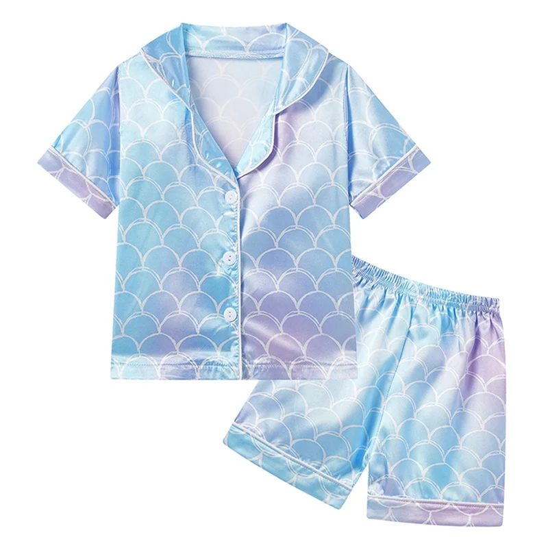 Girl Pajama Silk Short Sleeve Cardigan Sweet Cute Fish Scale Pattern Sleepwear Pyjamas Robe Children's Clothing Kids Nightwear