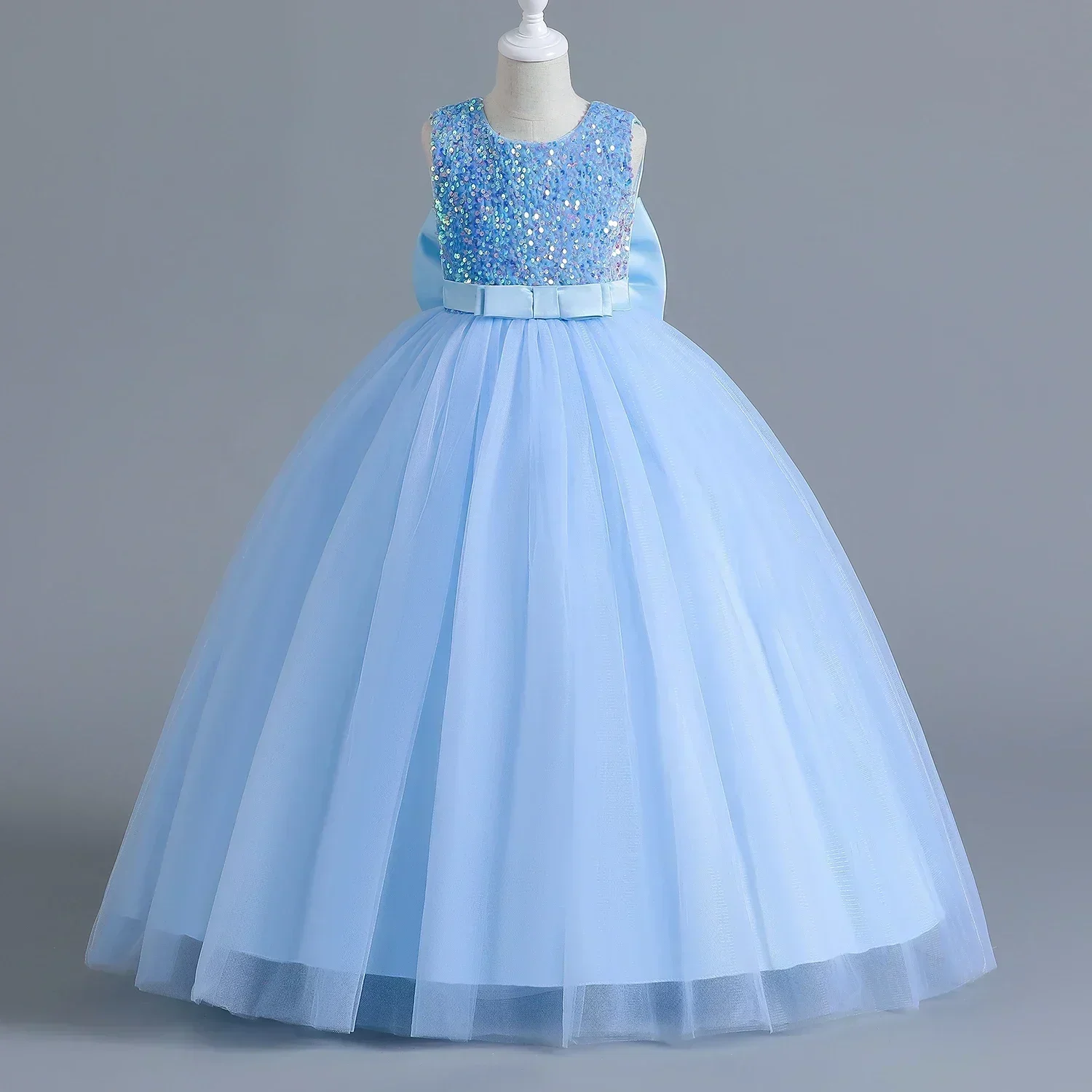 5-14 Yrs Girls Party Dresses Blue Sequined Backless Bow Gala Prom Gown Children Formal Events Costume Birthday Princess Dress
