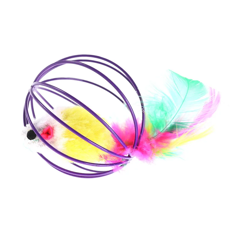Cat Pet Toy Feather Tail Mouse 6cm Paint Cage Mouse Fissle Colorful Painted Wire Feather Mice In Cage Cat Toy Pet Supplies