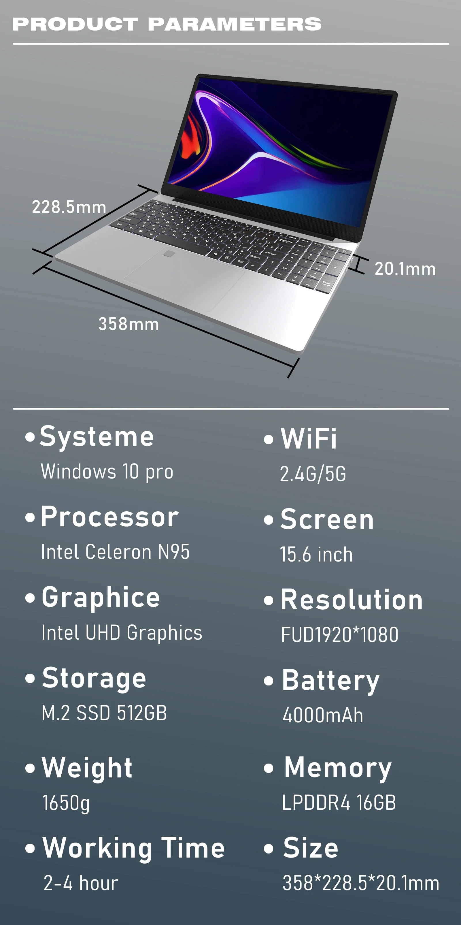 15.6-inch Work and Study Laptop, Intel Celeron N95 (3.4 GHz), LPDDR4 16GB RAM Windows Pro Fingerprint Unlock