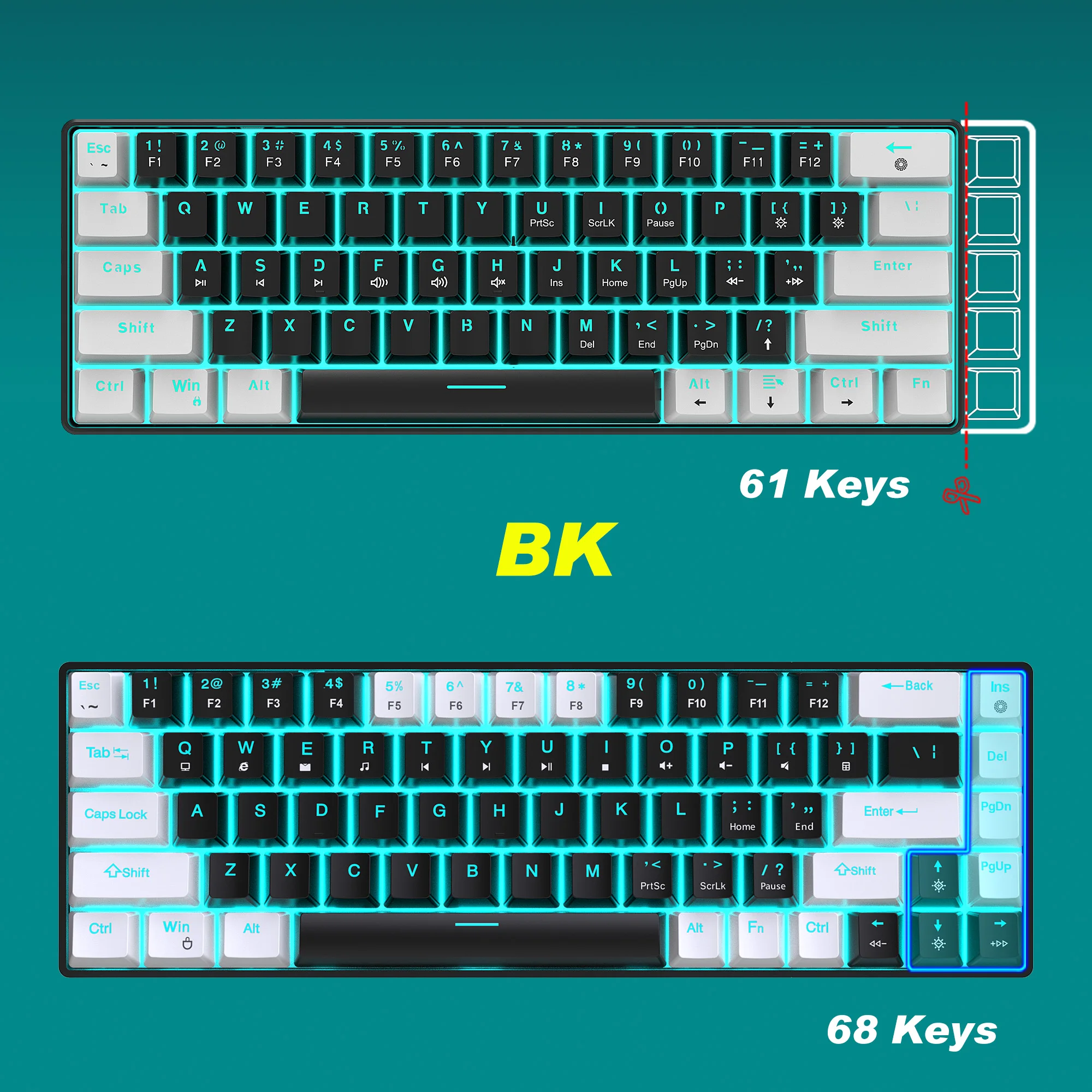 68 Keys Mechanical Keyboard Ergonomics RGB Backlit LED Hot Swappable Blue Switch Gaming Keyboard for PC Laptop Office