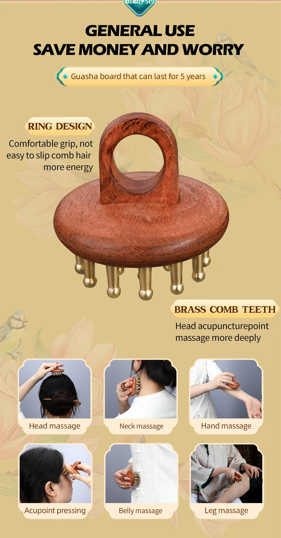 Head meridians massage comb copper wood meridians fine tooth comb needling Guasha scalp relax