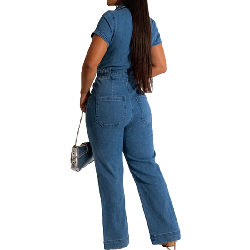 Summer Short Sleeve Turn-down Collar Elastic Waist Wide Leg Jeans Denim Jumpsuit Women Casual Stretchy Overalls One Pieces Woman