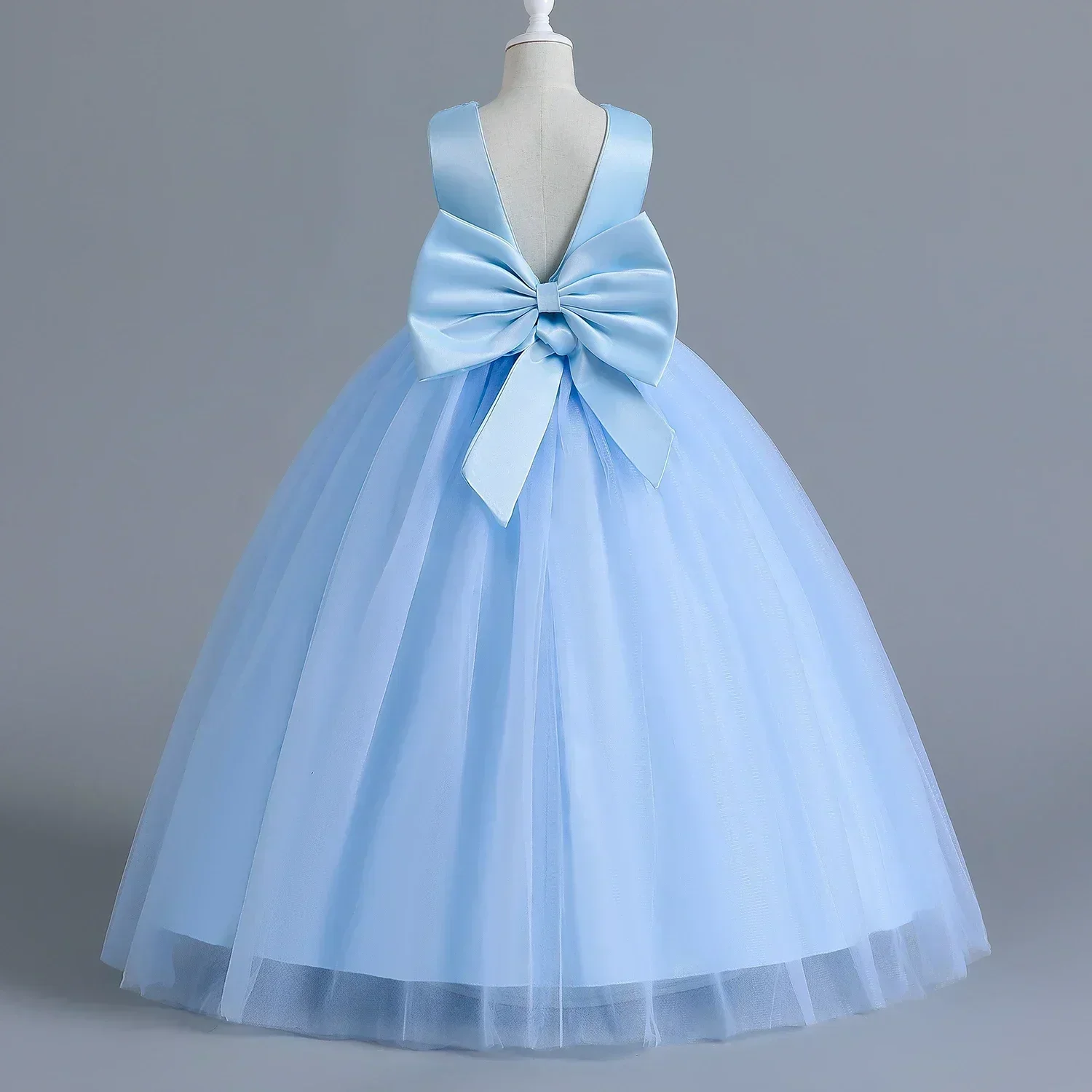 5-14 Yrs Girls Party Dresses Blue Sequined Backless Bow Gala Prom Gown Children Formal Events Costume Birthday Princess Dress