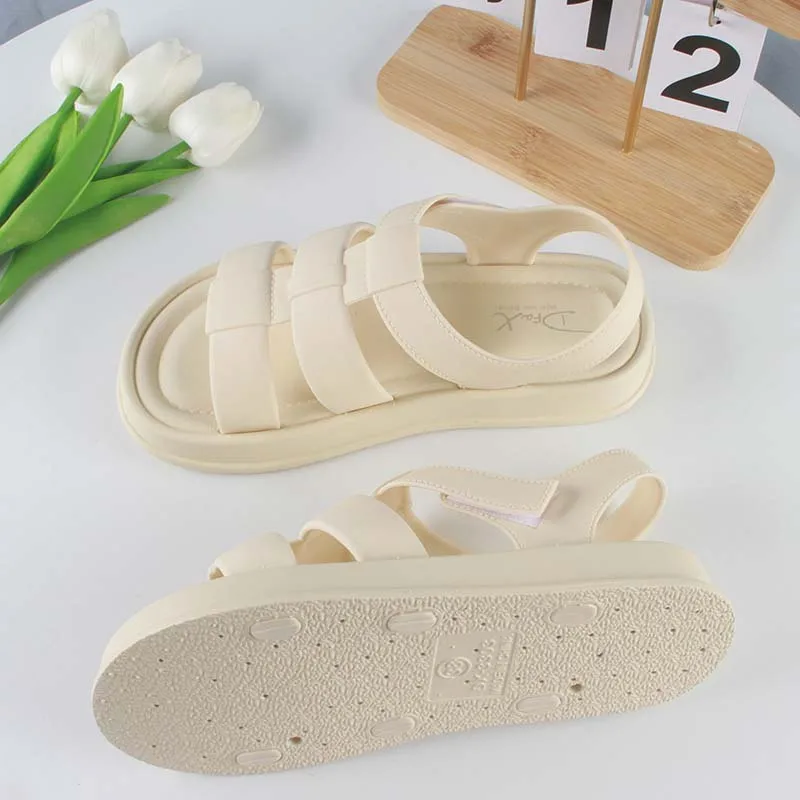 Women Fashion Summer PVC Sandals Hollowed Out Solid Color Flat Beach Shoes Casual Velcro Women's Shoes