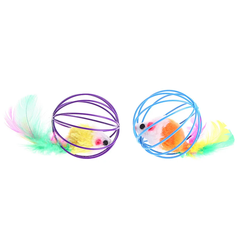 Cat Pet Toy Feather Tail Mouse 6cm Paint Cage Mouse Fissle Colorful Painted Wire Feather Mice In Cage Cat Toy Pet Supplies