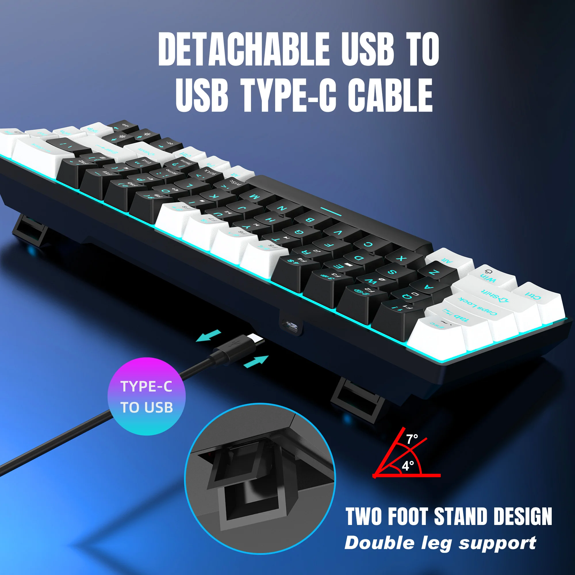 68 Keys Mechanical Keyboard Ergonomics RGB Backlit LED Hot Swappable Blue Switch Gaming Keyboard for PC Laptop Office