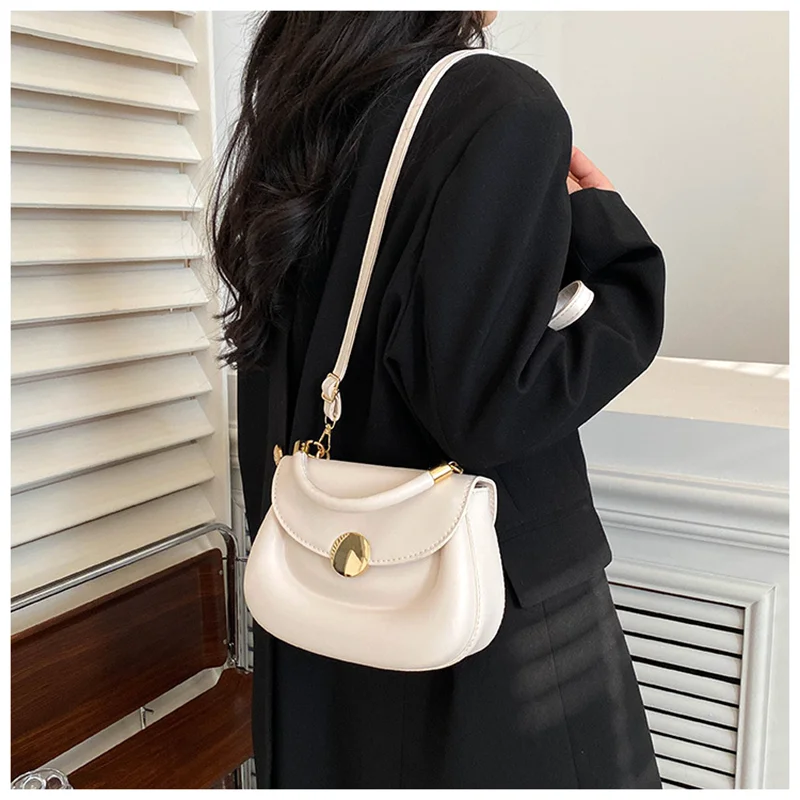 Women's bag Pu Leather Shoulder Cross Top-Handle Bag Female Brown Gold Round Buckles Ladies Casual Aesthetic Dress Cluth Handbag