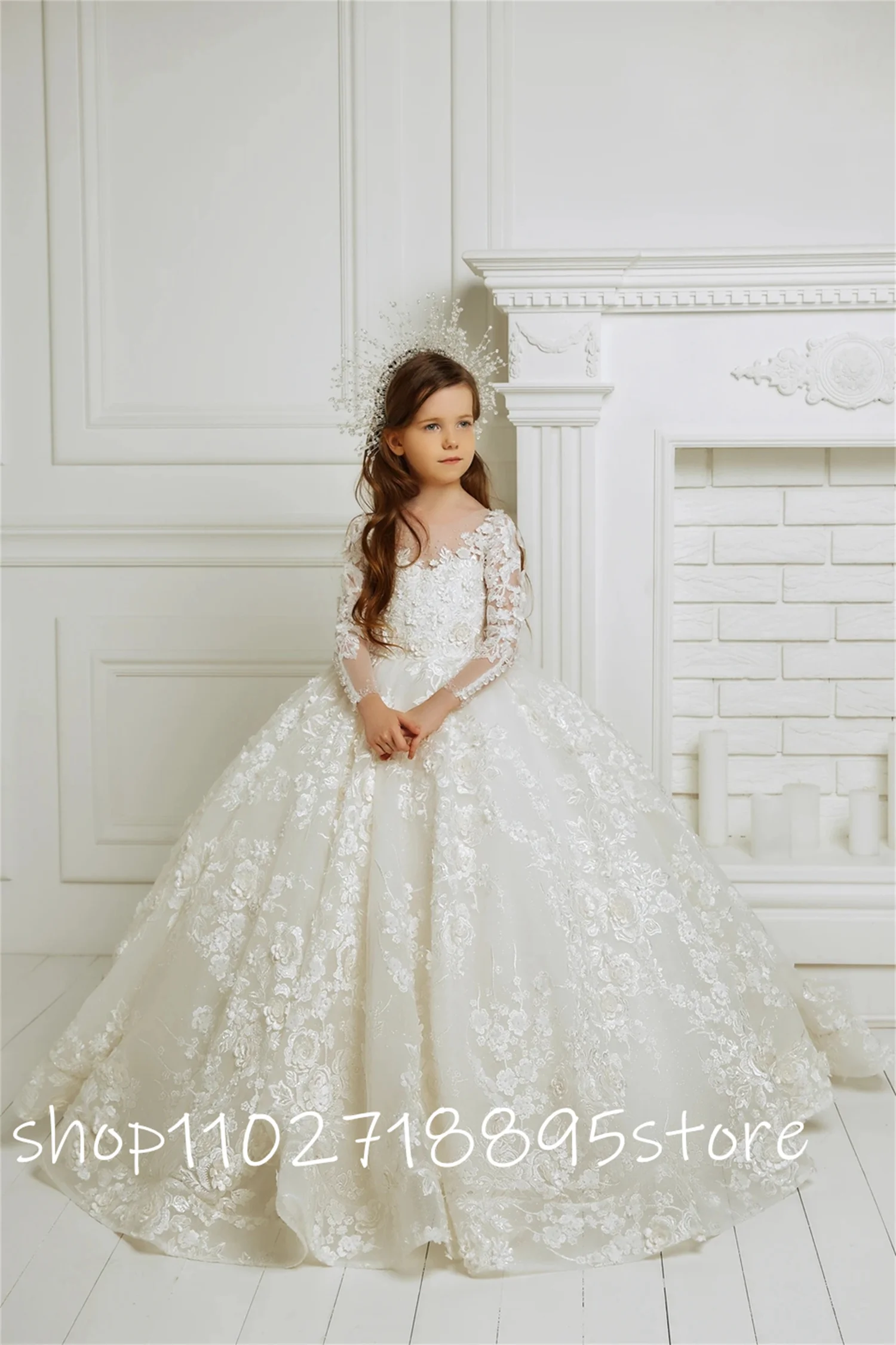 Flower Girl Dresses Ivory Long Sleeve Flower Girl Dresses For Wedding Prom Party Girls Pageant Gowns Lace Floral Appliques
