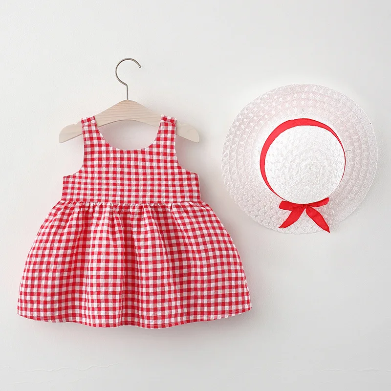 2Pcs/Set Baby Girl Plaid Sweet Bow Summer Birthday Party Dress Toddler Kids Outfits 0 To 3 Years Children Clothes Suit + Hat